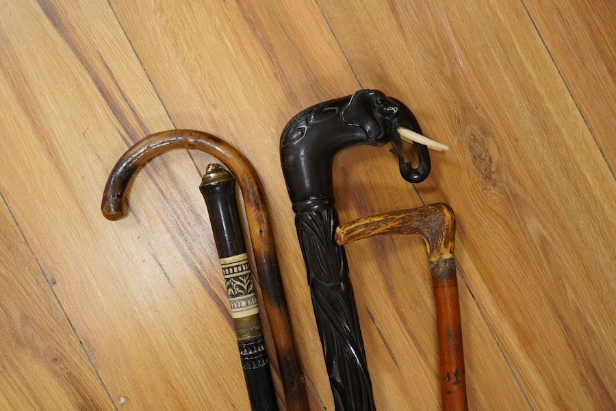 Four various walking canes to include a naturalistic example and one with the handle in the form of an elephant